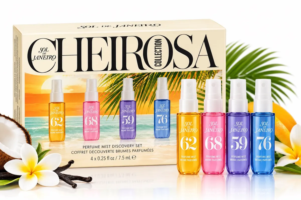 Zestaw 4 mini mgiełek perfumowanych Sol de Janeiro w kolorowych buteleczkach 7,5 ml na tle opakowania z tropikalną grafiką