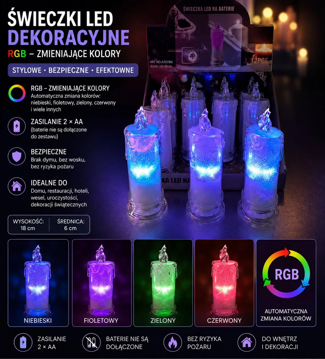 Świeca LED dekoracyjna zmieniająca kolory RGB, 18 cm wysokości, 6 cm średnicy, w opakowaniu 12 sztuk