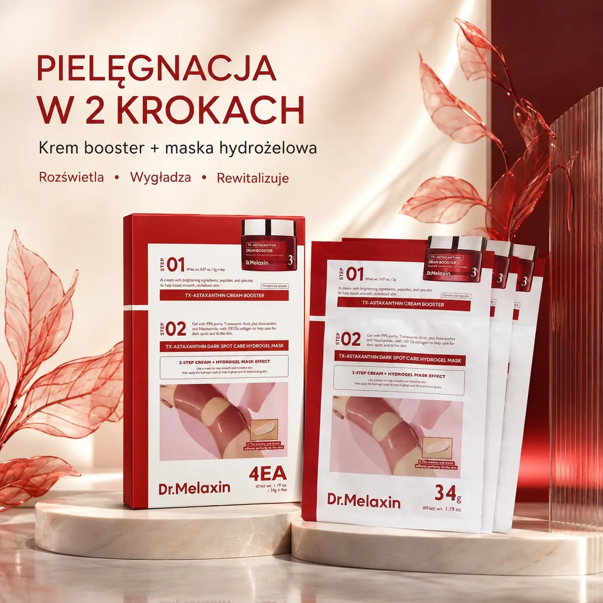 Opakowanie zestawu Dr.Melaxin krem booster i maska hydrożelowa do twarzy w czerwono-białych saszetkach