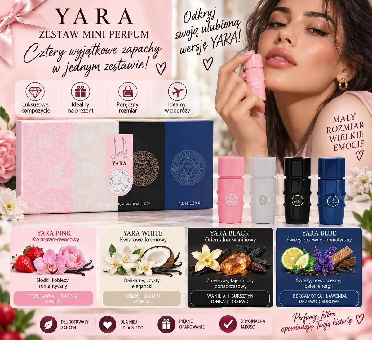 Zestaw czterech mini perfum YARA w kolorowych flakonikach i eleganckie opakowanie prezentowe