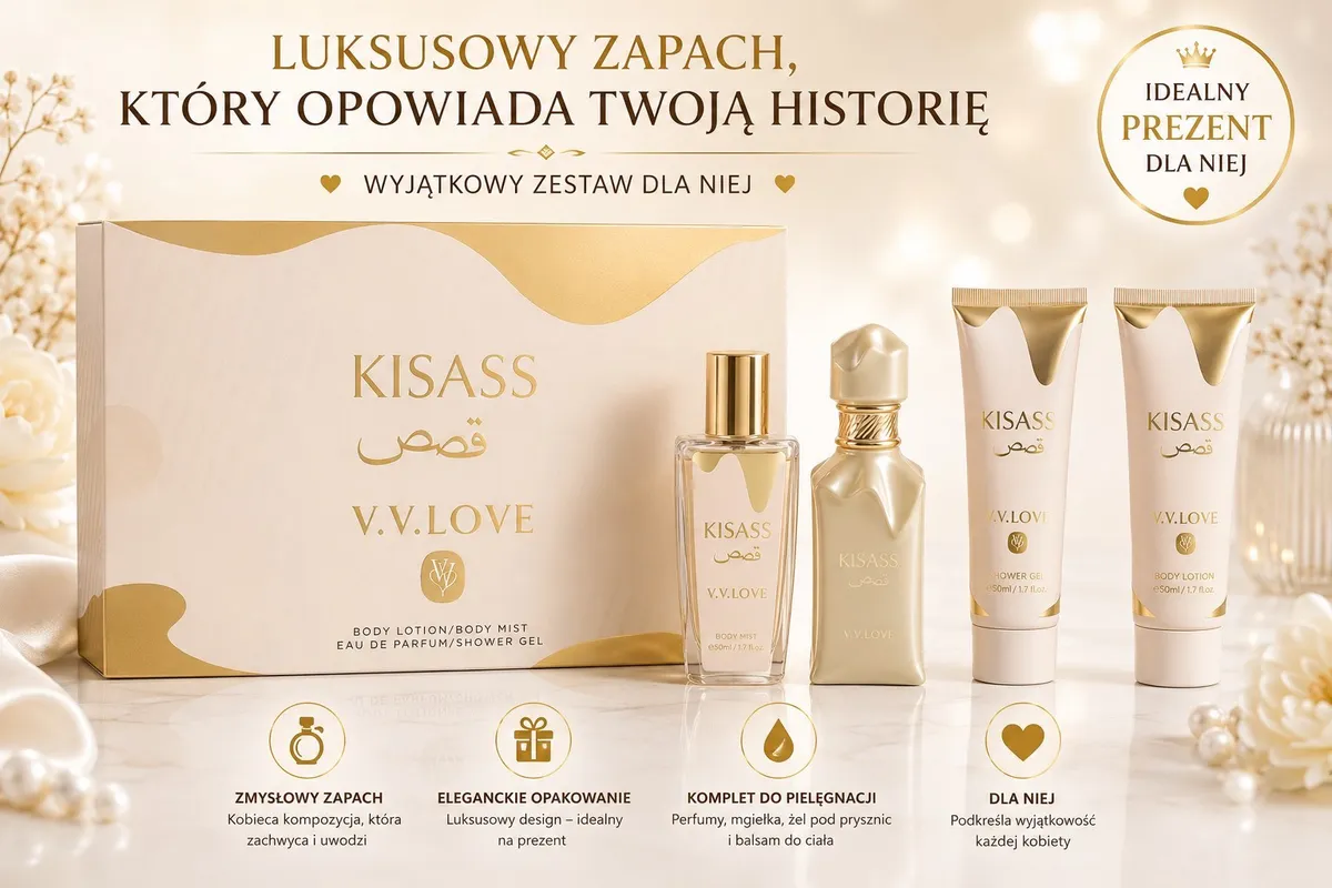 Zestaw prezentowy Kisass V.V.Love z mgiełką, perfumami, żelem i balsamem w złoto-beżowym opakowaniu