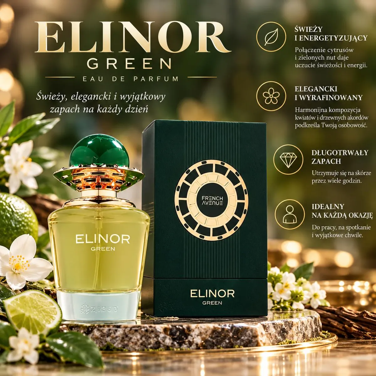 Butelka perfum Elinor Green 100 ml z zielonym korkiem i złotymi detalami obok kartonu