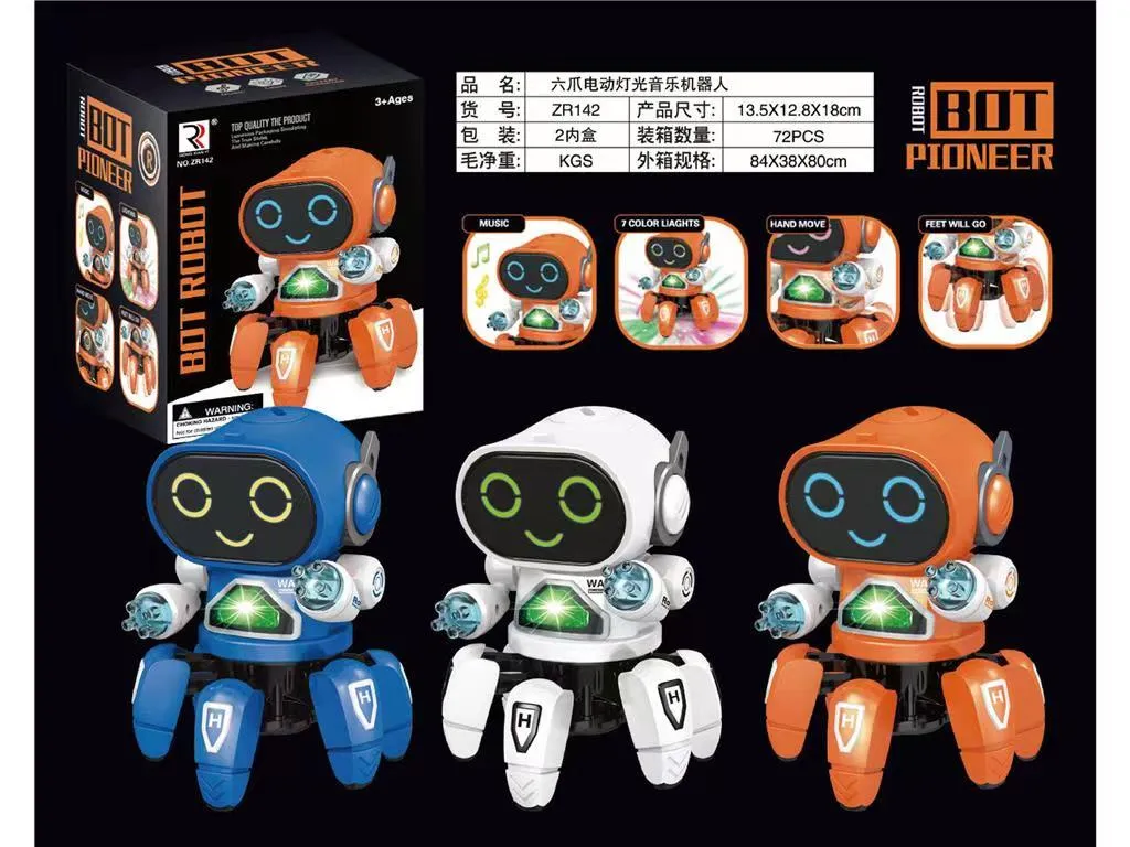 trzy roboty Bot Pioneer w kolorach pomarańczowym, białym i niebieskim z podświetlanymi oczami i ruchomymi kończynami