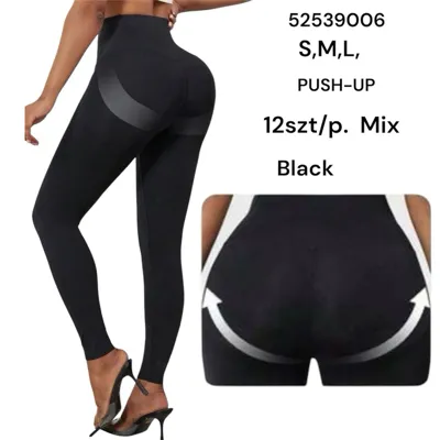 Czarne legginsy push-up na modelce, widok z tyłu i zbliżenie na efekt modelujący pośladki