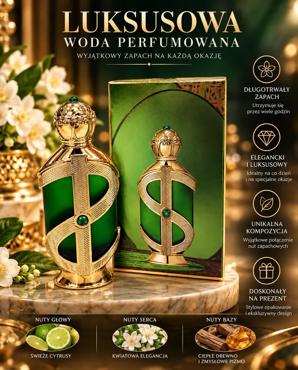 Butelka arabskich perfum 100ml w zielono-złotym opakowaniu z ozdobnym ornamentem i pudełko