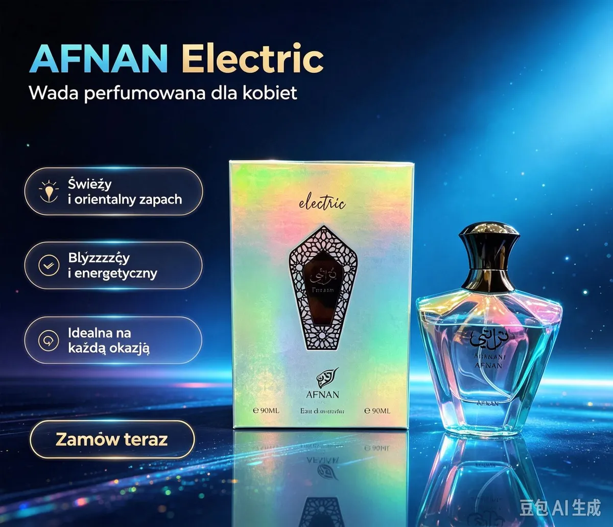 Butelka wody perfumowanej Afnan Electric 90 ml z holograficznym opakowaniem i czarną zakrętką