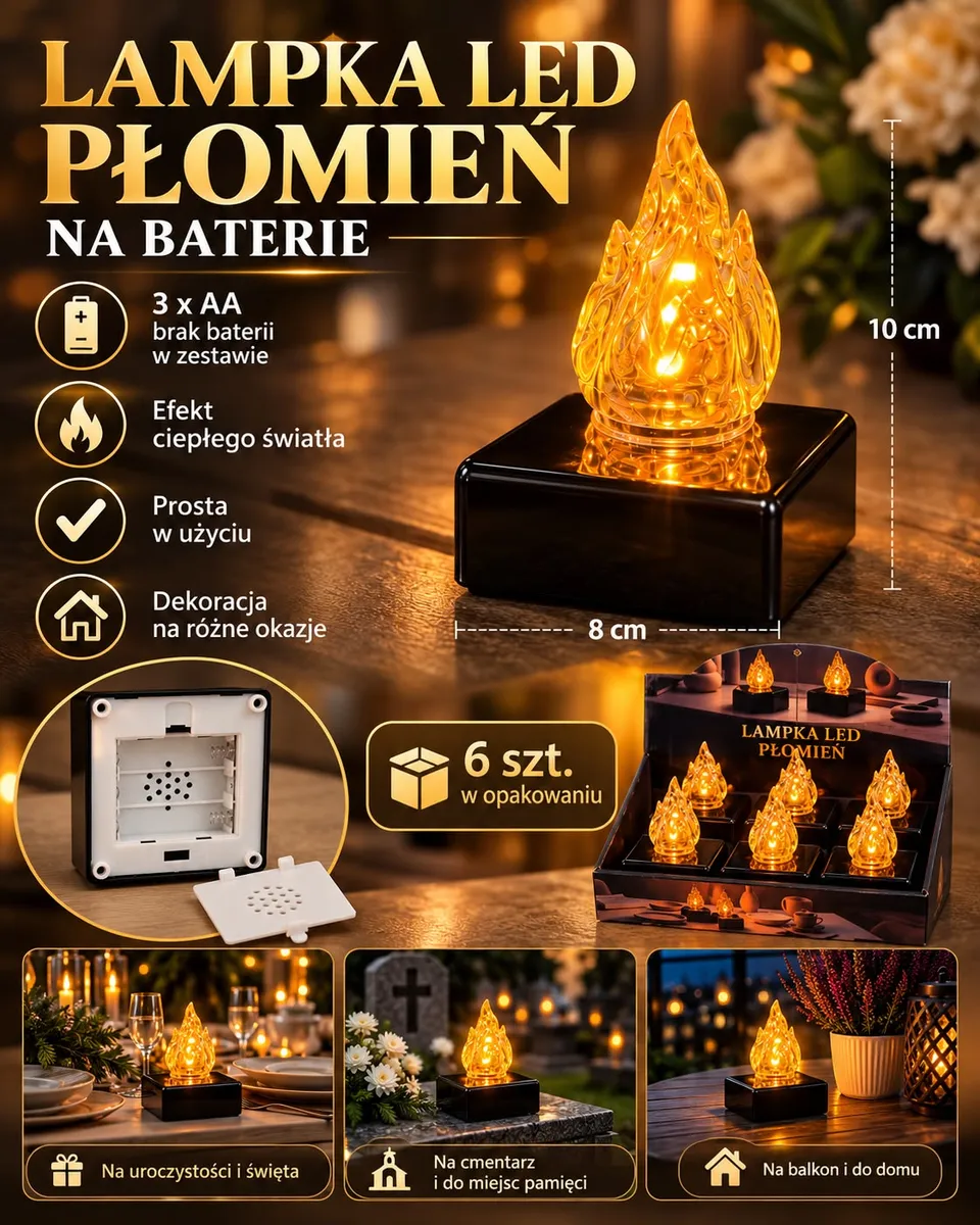 Lampka LED w kształcie płomienia na czarnej podstawie, 10 cm wysokości, efekt ciepłego światła