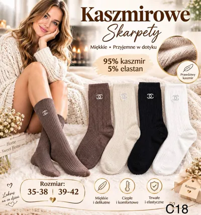 Kaszmirowe skarpety damskie w kolorach brązowym, beżowym, czarnym i białym z logo, miękkie i ciepłe