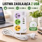 Listwa zasilająca 3 gniazda z portami USB i USB-C biała z kolorowymi gniazdami
