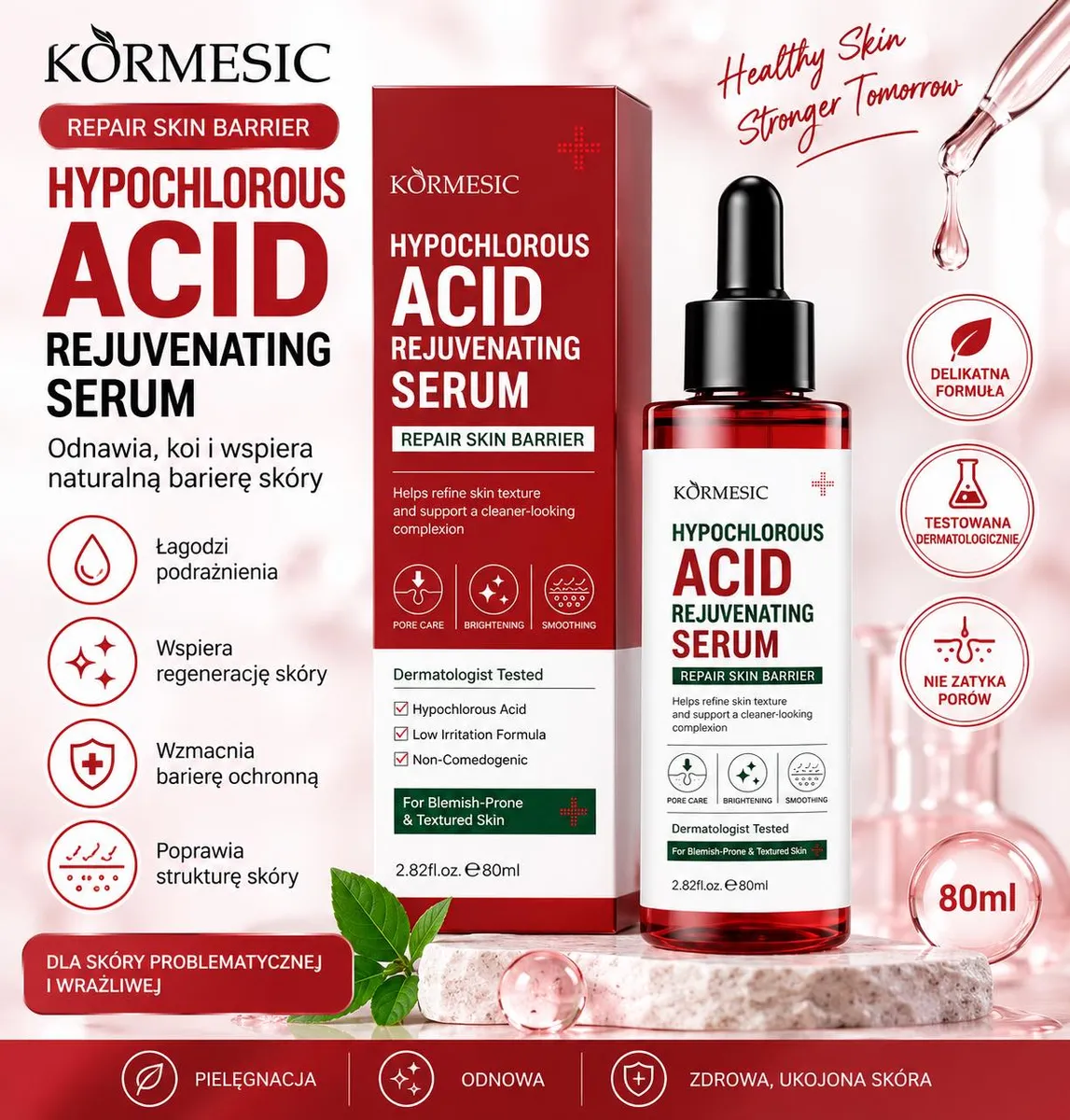 Butelka serum KORMESIC Hypochlorous Acid 80ml z pipetą i czerwono-białe opakowanie