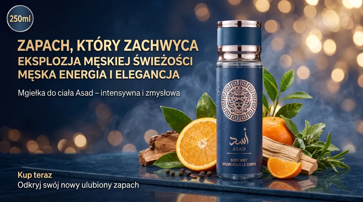 Butelka mgiełki do ciała Asad 250ml granatowa z metalicznym wykończeniem i motywem lwa