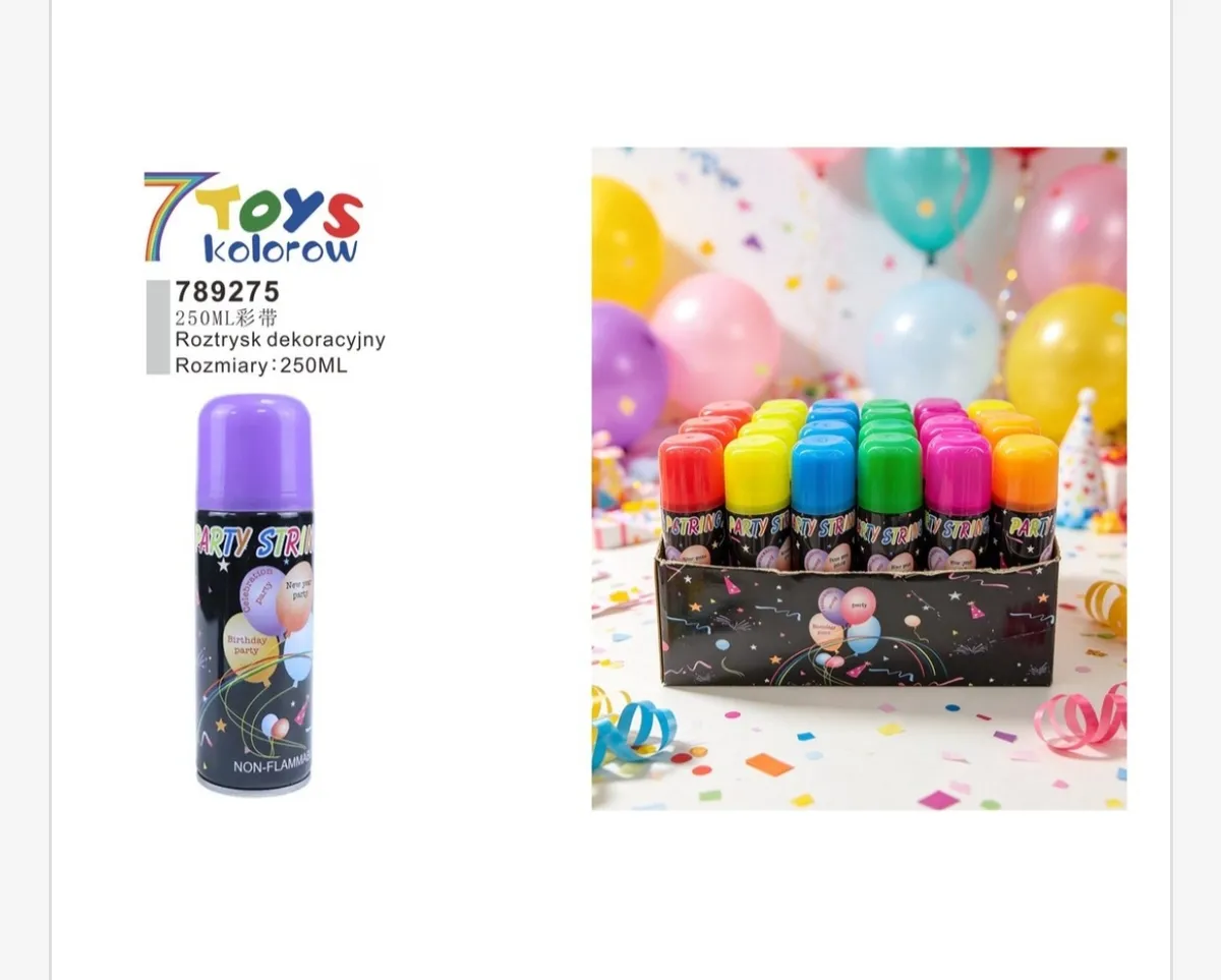 Kolorowe puszki sprayu dekoracyjnego 250 ml w opakowaniu zbiorczym na tle balonów i konfetti