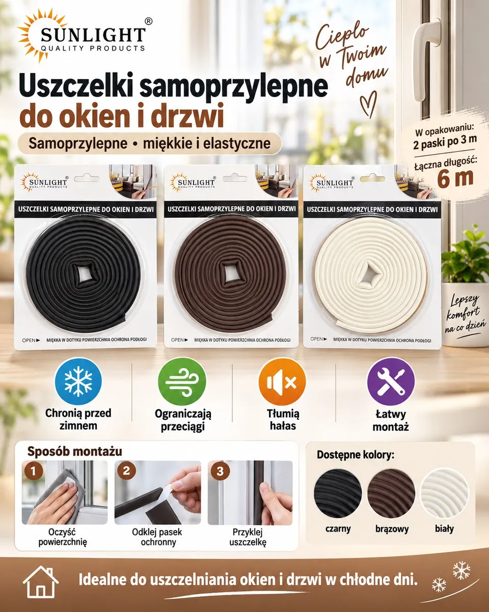 Trzy rolki samoprzylepnej uszczelki do okien i drzwi w kolorach czarnym, brązowym i białym na tle wnętrza
