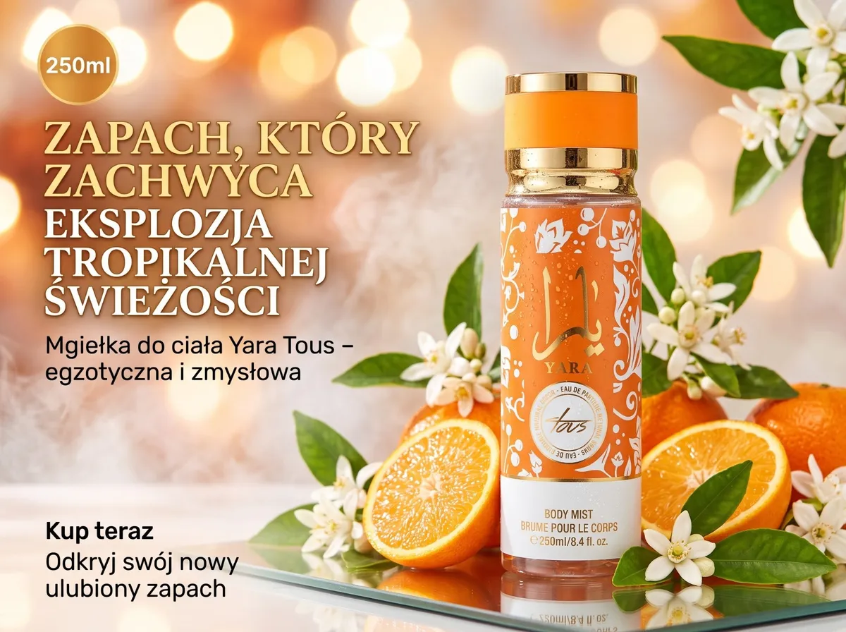 Pomarańczowa mgiełka do ciała Yara Tous 250 ml z dekoracyjnymi białymi wzorami i złotym korkiem na tle pomarańczy i kwiatów