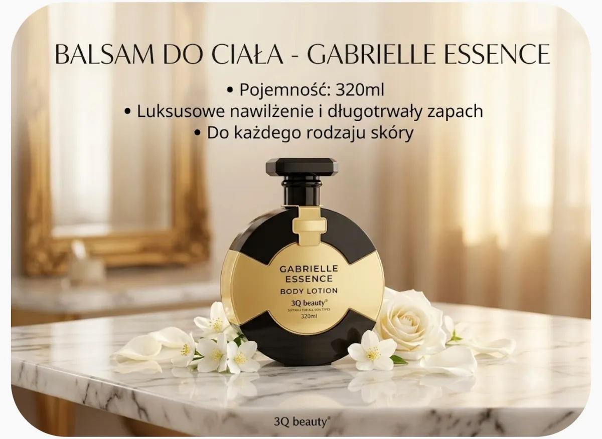 Balsam do ciała Gabrielle Essence w czarno-złotym flakonie 320 ml na marmurowym blacie z kwiatami