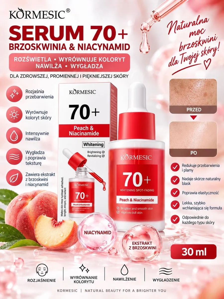 Butelka serum KÒRMESIC 70+ Peach & Niacinamide 30 ml z kroplomierzem i opakowanie z czerwono-białą etykietą