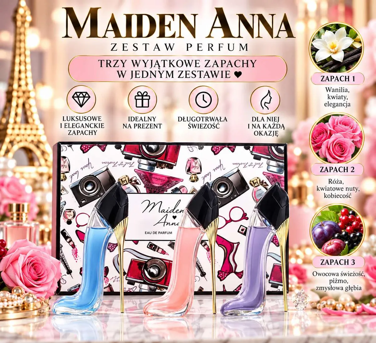 Zestaw trzech perfum Maiden Anna w flakonach kształtem przypominających szpilki z ozdobnym pudełkiem