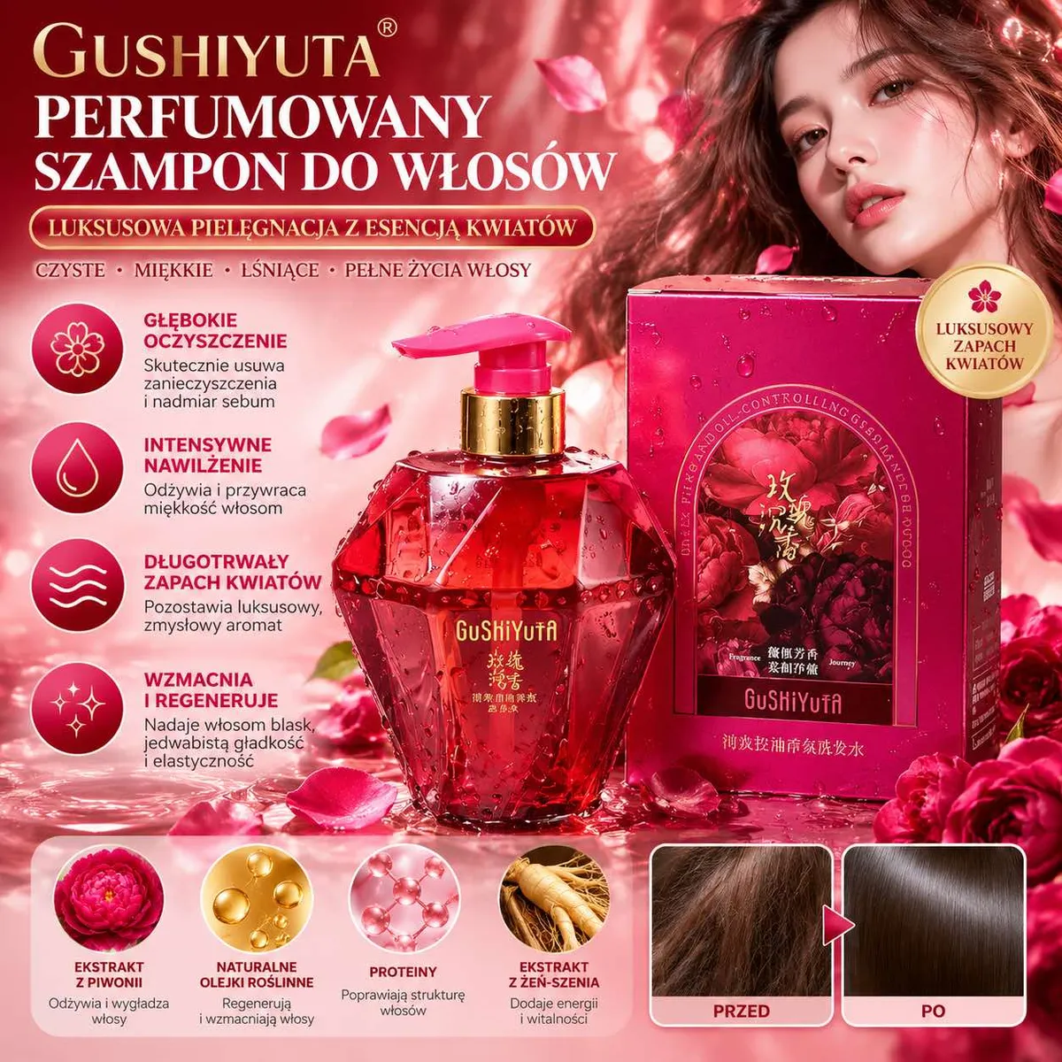 Perfumowany szampon do włosów GuShiYuTa z ekstraktem z piwonii i żeń-szenia