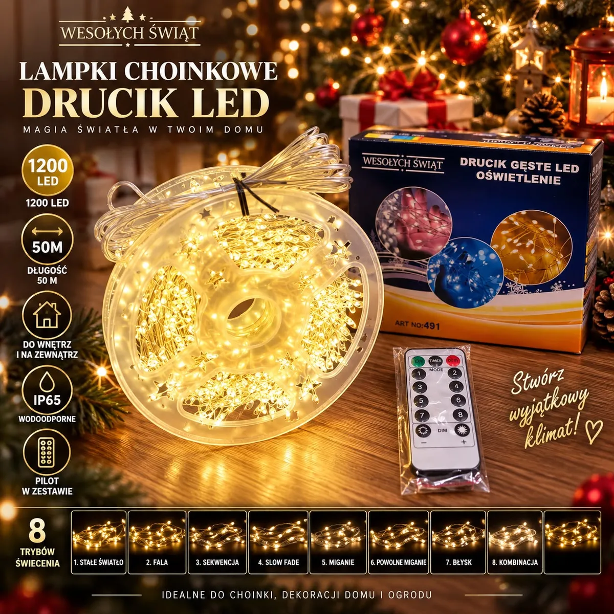 Lampki choinkowe LED drucik 1200 diod 50 m biały ciepły z pilotem i opakowaniem na tle świątecznym