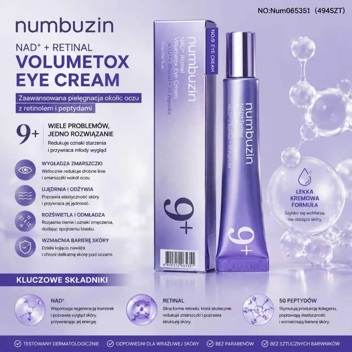 Fioletowa tubka kremu pod oczy Numbuzin Volumetox Eye Cream z opakowaniem i opisem składników