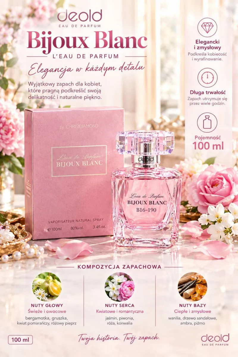 Różowy flakon perfum Deold Bijoux Blanc 100 ml z ozdobnym korkiem i różowe pudełko