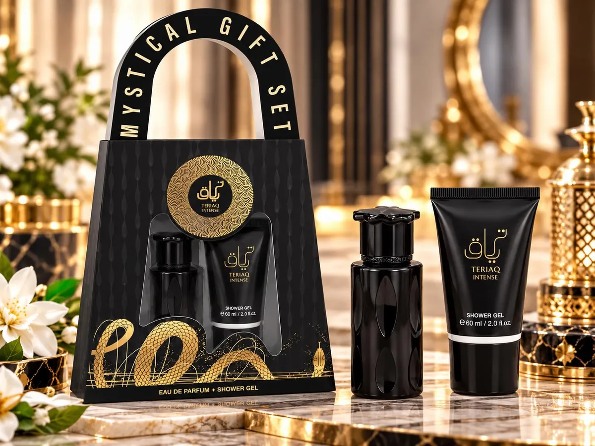 Zestaw prezentowy TERIAQ INTENSE czarne perfumy 30ml i balsam 60ml w ozdobnym opakowaniu z uchwytem