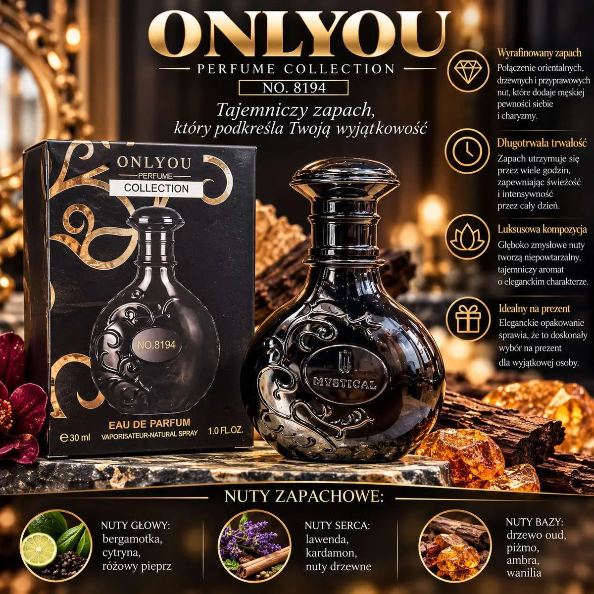 czarna butelka perfum Onlyou Mystical 30 ml z ornamentem i czarne opakowanie z złotymi zdobieniami