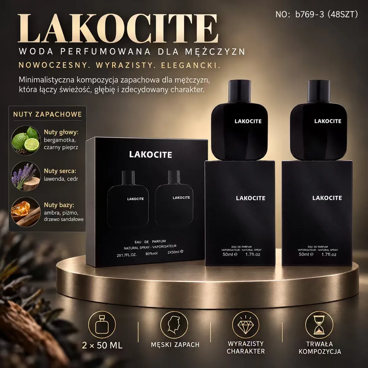 Zestaw dwóch czarnych flakonów perfum Lakocite 50 ml z czarnym pudełkiem i opisem nut zapachowych