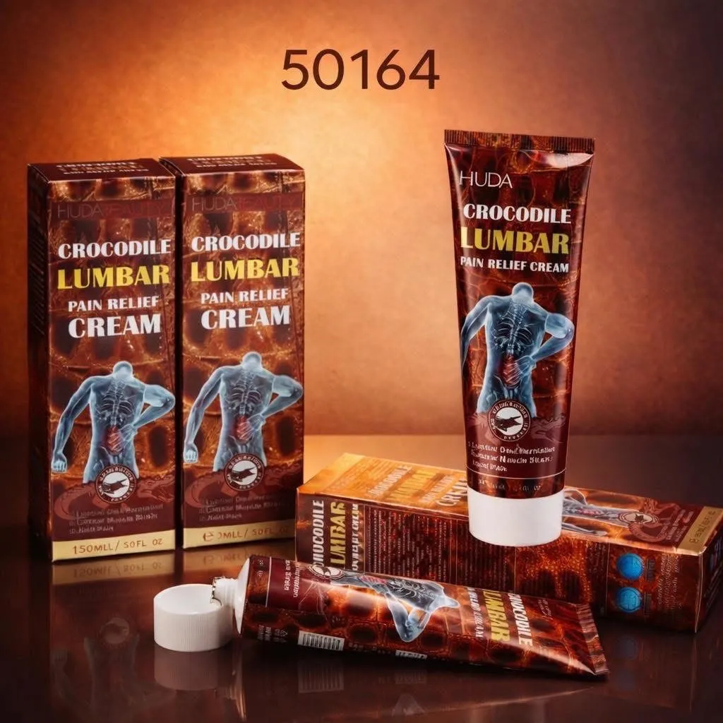 Brązowy krem HUDA BEAUTY Crocodile Lumbar 150ml z grafiką sylwetki człowieka i opakowaniami