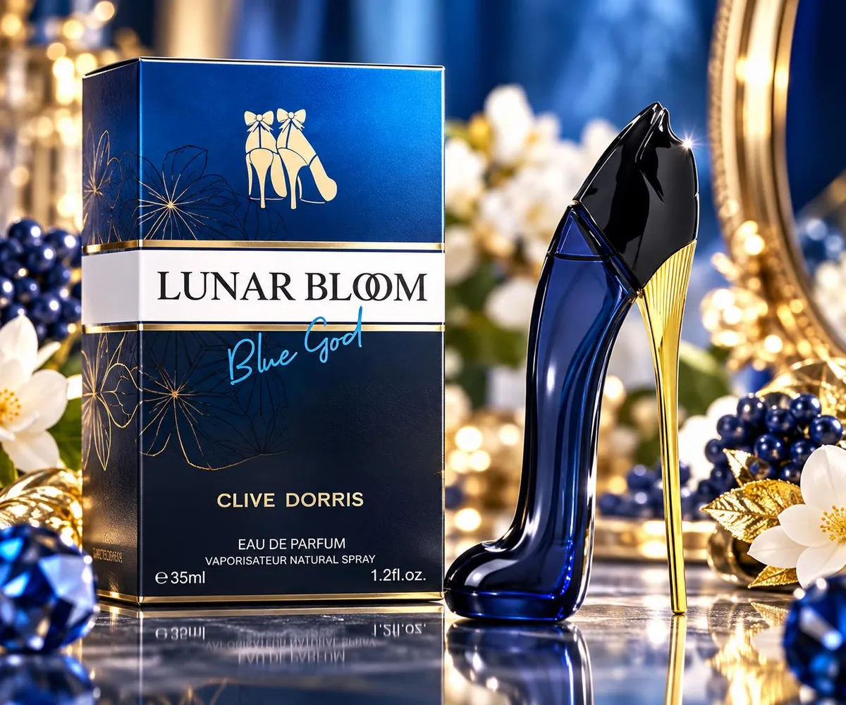 Perfumy Lunar Bloom Blue God 35ml w granatowo-złotym flakonie w kształcie szpilki obok granatowo-złotego pudełka