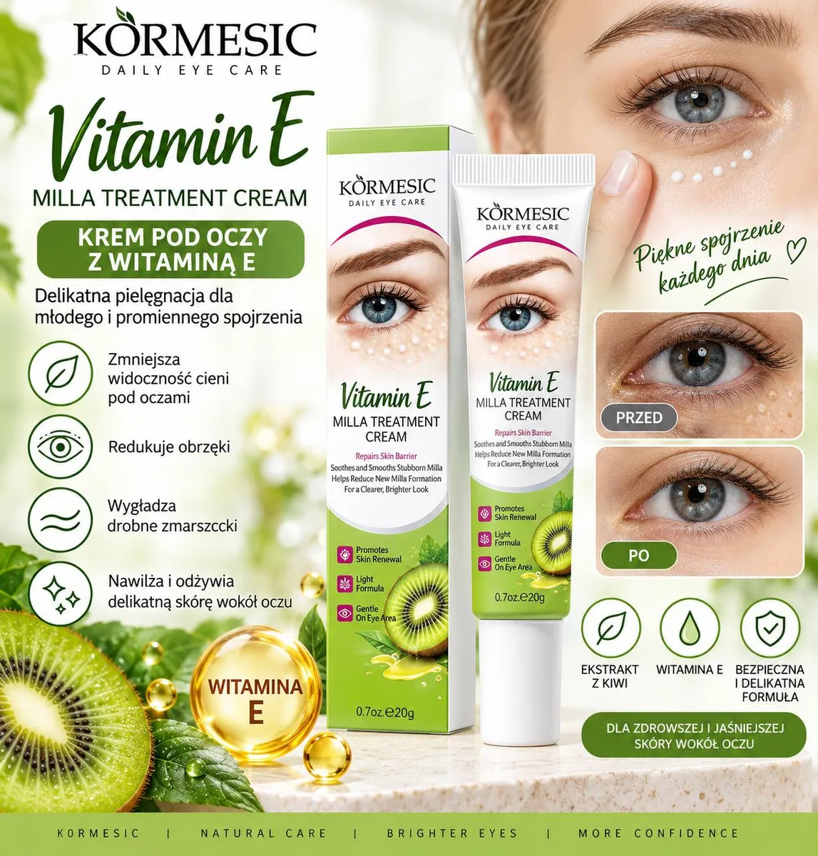 Krem pod oczy KORMESIC Vitamin E 20 g z ekstraktem z kiwi i witaminą E, opakowanie i tubka