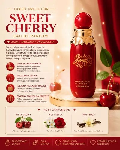 Flakon perfum Sweet Cherry 50 ml z czerwonym korkiem i złotymi zdobieniami na jasnym tle z wiśniami