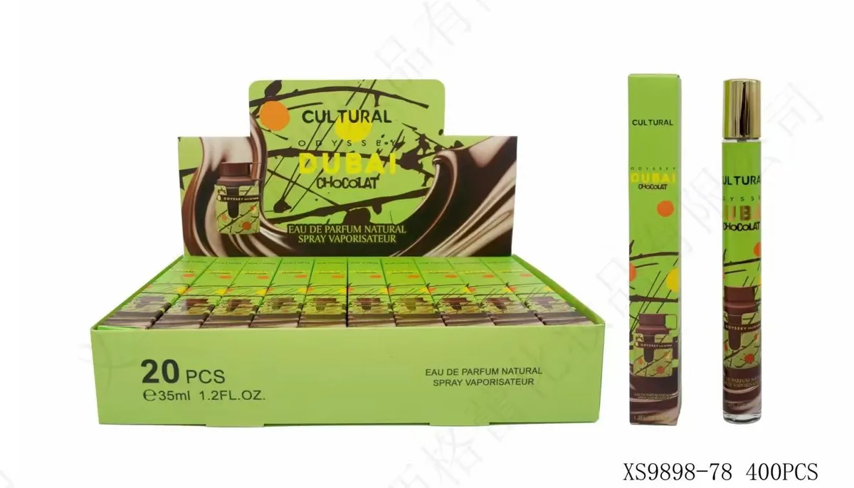 zielone opakowanie perfumetek Cultural Dubai Chocolat 35ml z grafiką czekolady i złotą nakrętką
