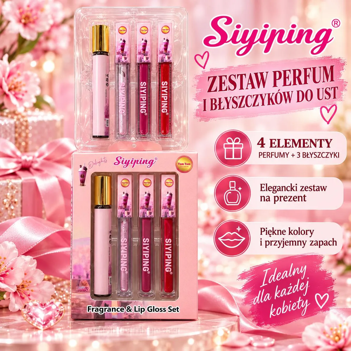 Zestaw prezentowy Siyiping z perfumami i trzema błyszczykami do ust w różowym opakowaniu