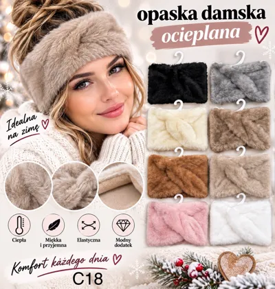 Kobieta w beżowej ocieplanej opasce damskiej, obok 10 kolorów opasek na wieszakach