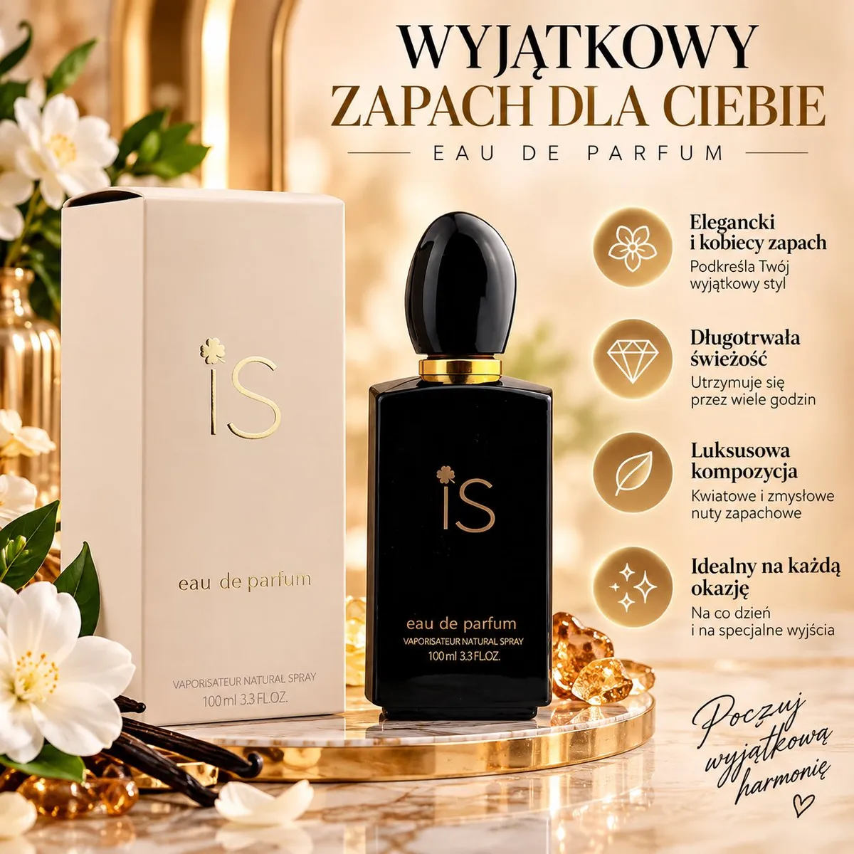 Butelka czarnych perfum is 100 ml z kremowym opakowaniem i złotymi napisami
