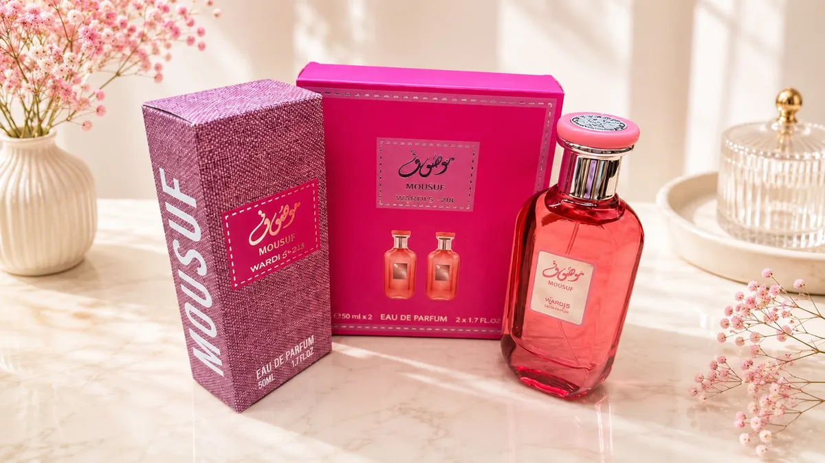 Zestaw perfum Mousuf WARDIS 2x50ml różowe flakony i opakowania na marmurowym blacie