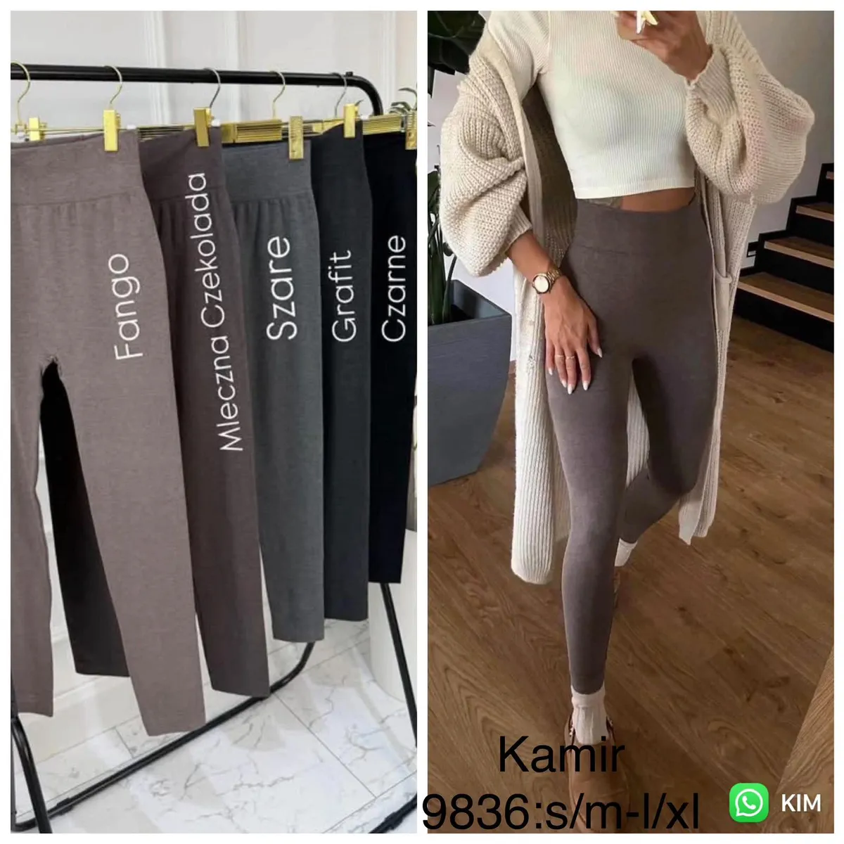 Legginsy damskie Kamir w kolorze mlecznej czekolady na modelce oraz różne kolory na wieszaku