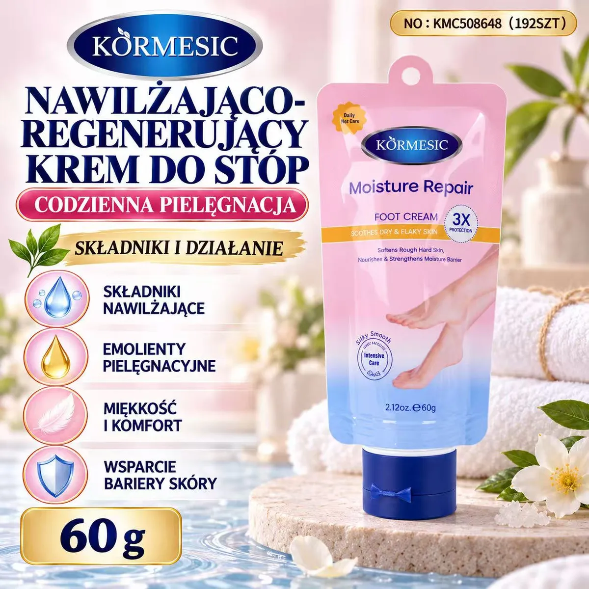 Pastelowe różowo-niebieskie opakowanie kremu do stóp Körmesic 60g z granatową zakrętką i kokardką