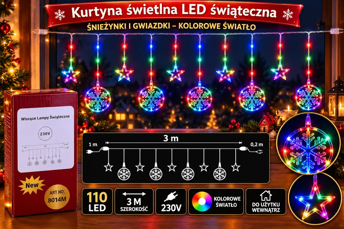 Kurtyna świetlna LED świąteczna 3 m z kolorowymi gwiazdkami i śnieżynkami na tle świątecznym