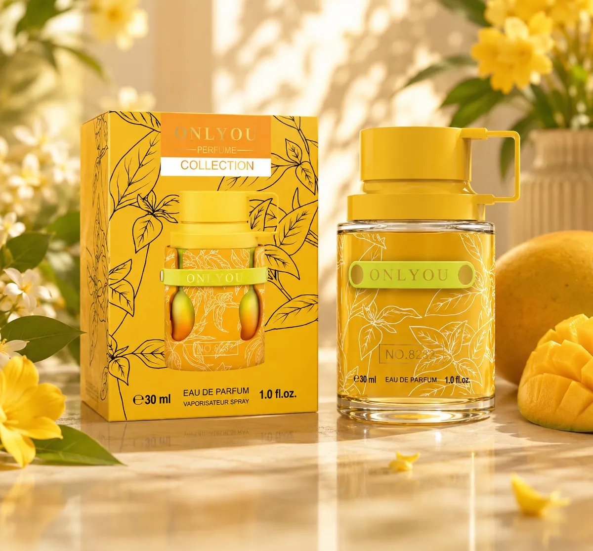 Perfumy Only You Collection 30ml w żółtej butelce z zielonym paskiem i opakowaniem z motywem liści