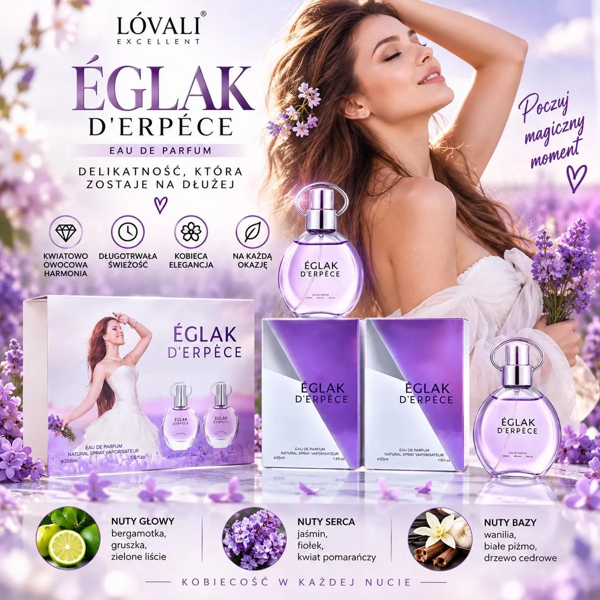 Zestaw dwóch fioletowych flakonów perfum Églak D'Erpèce 55 ml z pudełkiem i motywem lawendy