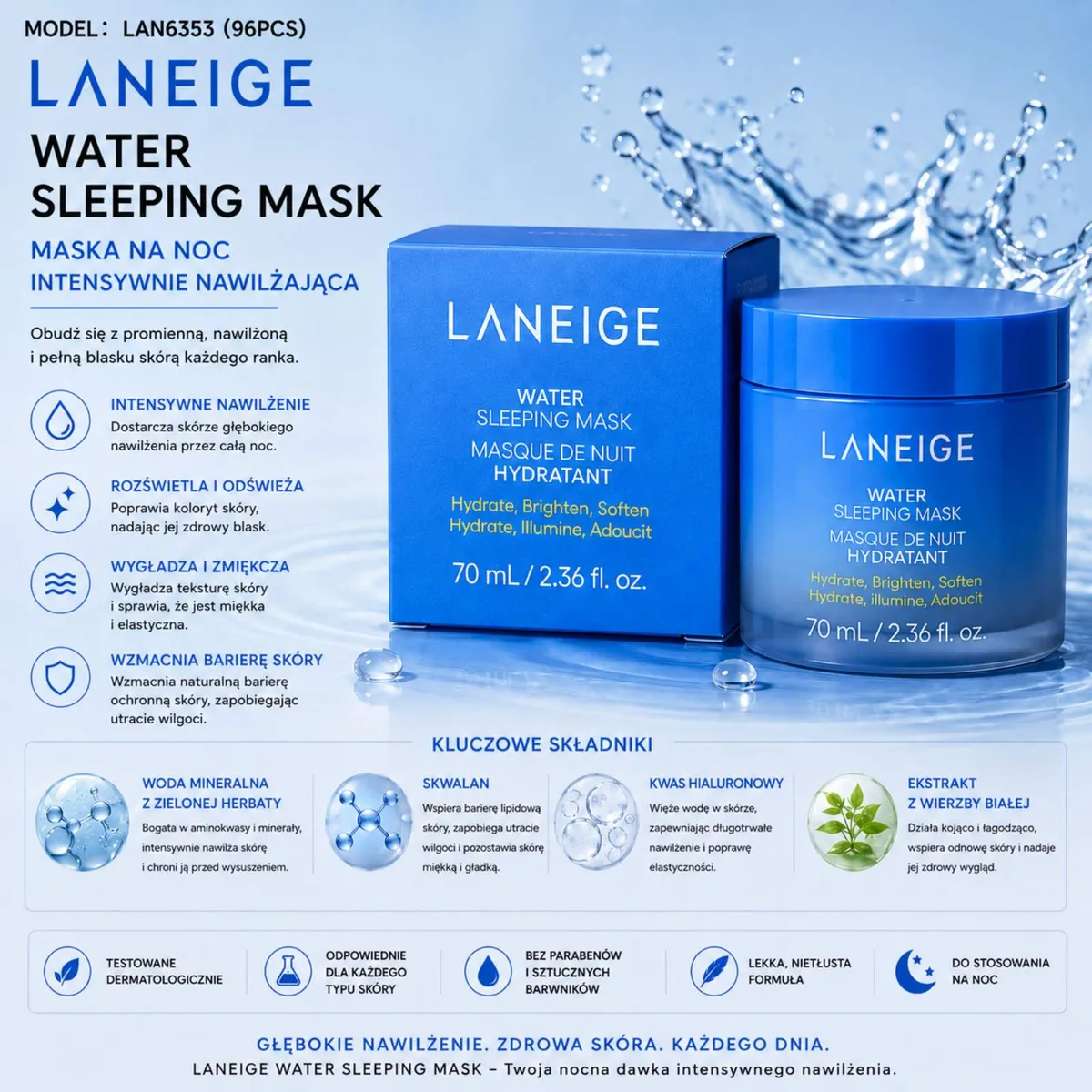 Granatowe opakowanie i słoik Laneige Water Sleeping Mask 70 ml nawilżającej maski na noc