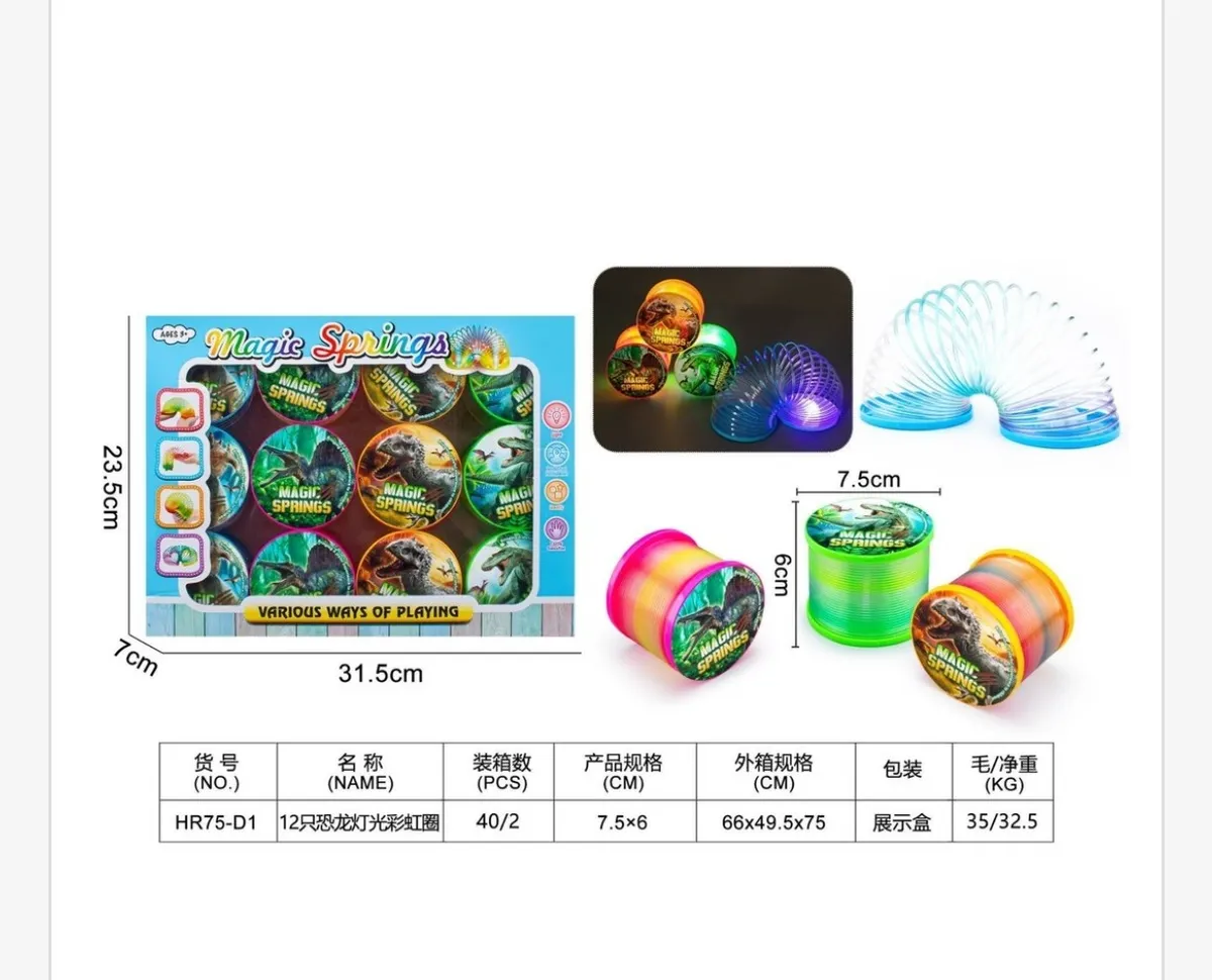 Zestaw 12 sprężyn magicznych Magic Springs z motywem dinozaurów w kolorach neonowych, świecących w ciemności, wraz z opakowan