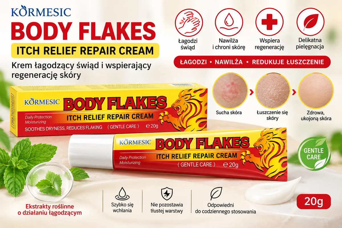 Krem KORMESIC Body Flakes w tubce 20 g z opakowaniem, żółto-czerwone, z lwem i opisem działania