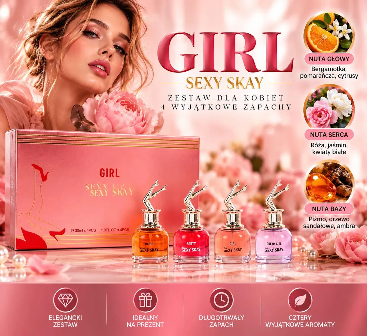 Zestaw czterech perfum girl sexy skay w różowym pudełku z buteleczkami i opisem nut zapachowych
