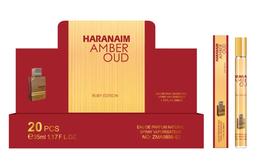 Perfumy Haranaim Amber Oud 35ml Ruby Edition w czerwono-złotym opakowaniu i butelce ze złotą nakrętką