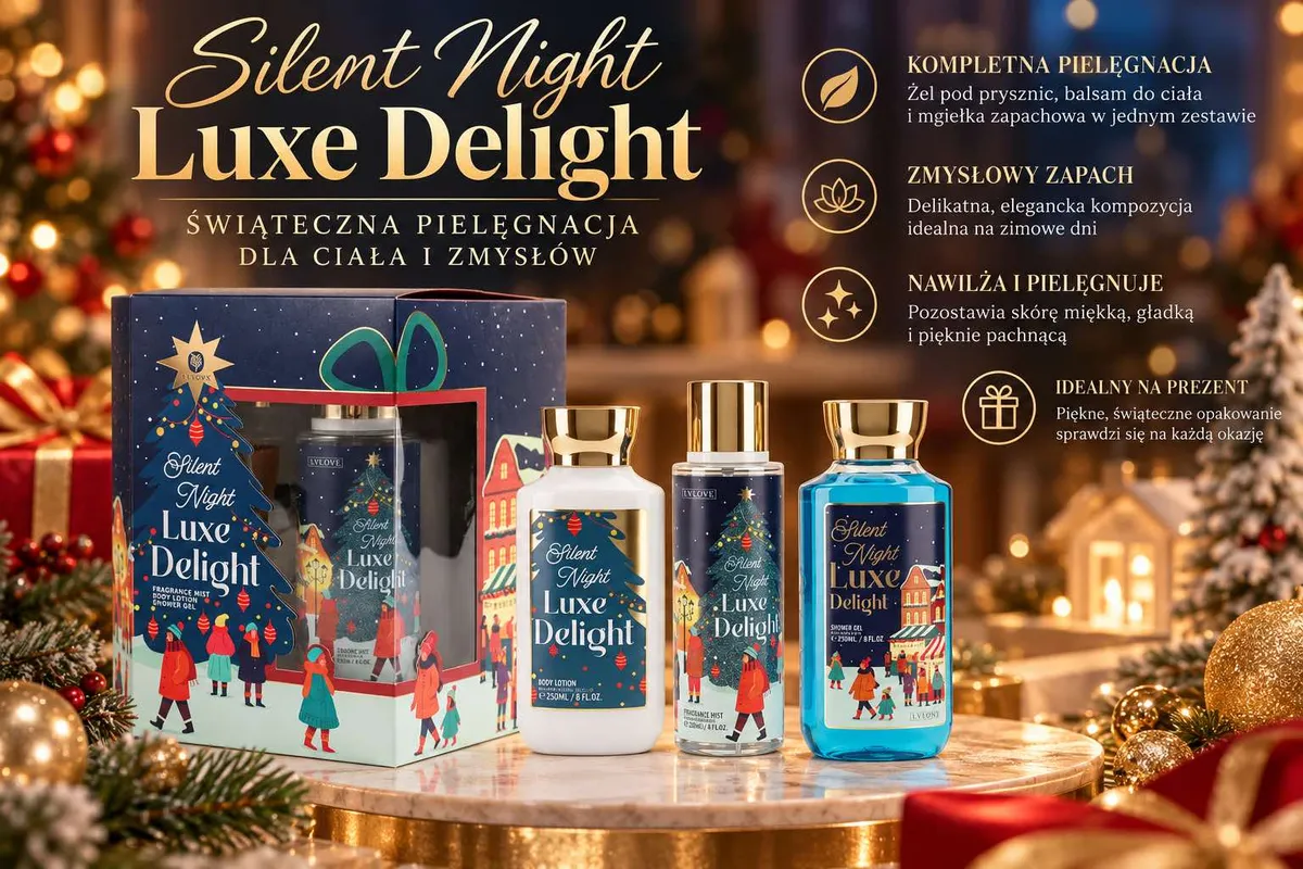 Świąteczny zestaw kosmetyków Silent Night Luxe Delight z żelem, balsamem i mgiełką w granatowym opakowaniu