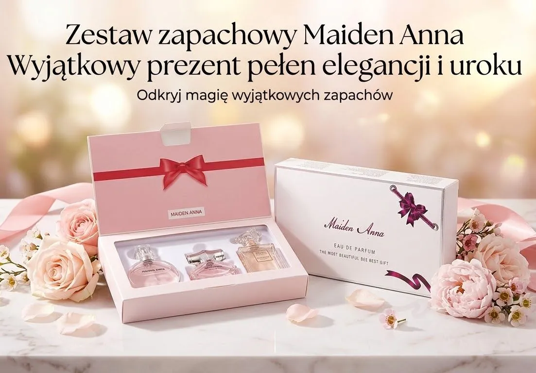 Zestaw perfum Maiden Anna 3x30ml w różowym pudełku z czerwoną kokardą i trzema flakonikami