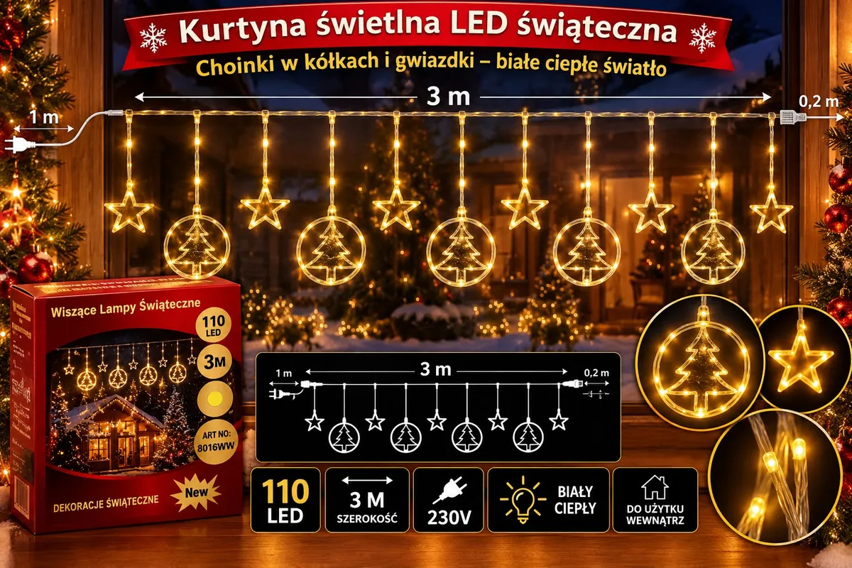 Kurtyna świetlna LED 3 m z choinkami w kółkach i gwiazdkami emitująca białe ciepłe światło